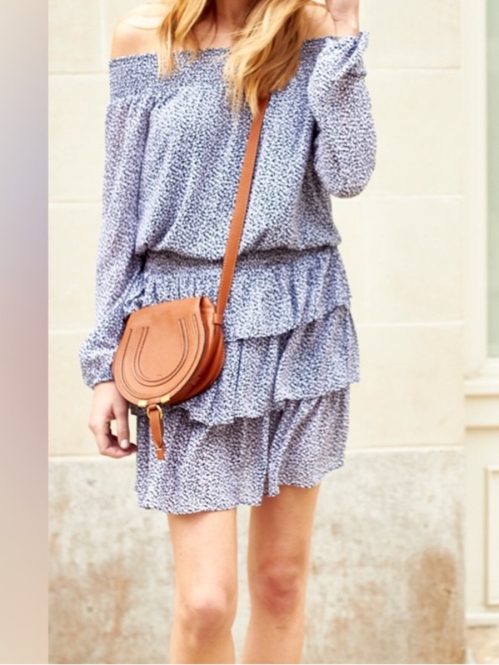 MICHAEL Michael Kors Blue and Black Floral Crepe Off-Shoulder Tiered Mini Dress